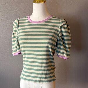 Striped Puff Sleeve Top S Green Cream Pink Trim Cottagecore Stretch Tee